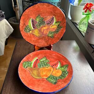 3 Tonala Handpainted Lead Free Mexican Pottery Dish Plate Fruit Motif
